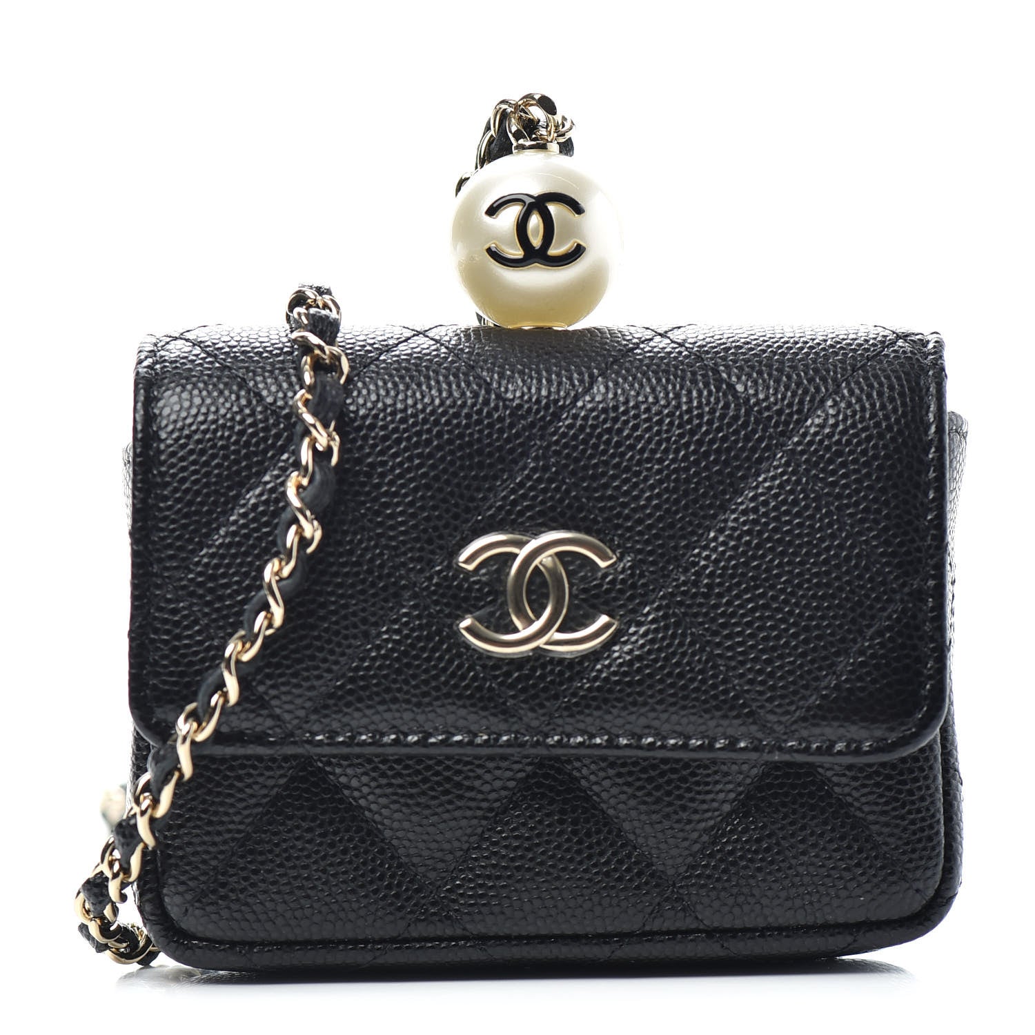 Chanel Caviar Quilted Pearl Card Holder On Chain Black 1 of 9
