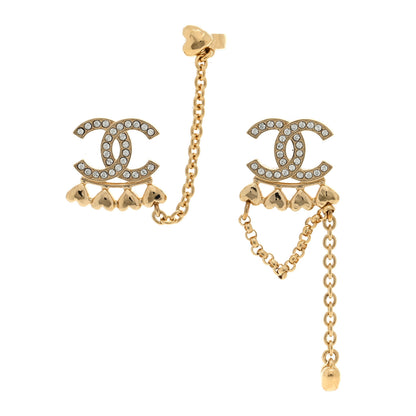 Chanel Metal Crystal CC Drop Heart Link Earrings Gold 1 of 5