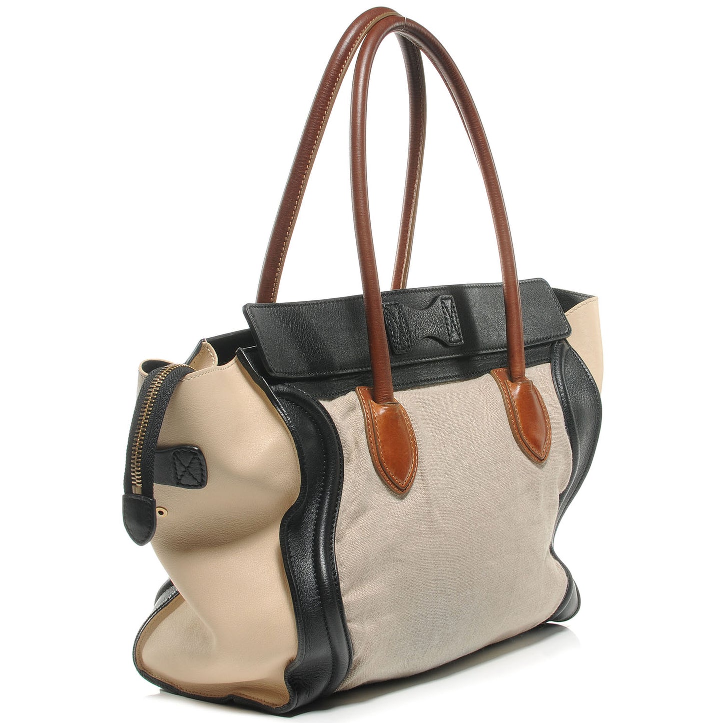 Leather and Linen Shoulder Luggage Tri-Color Beige