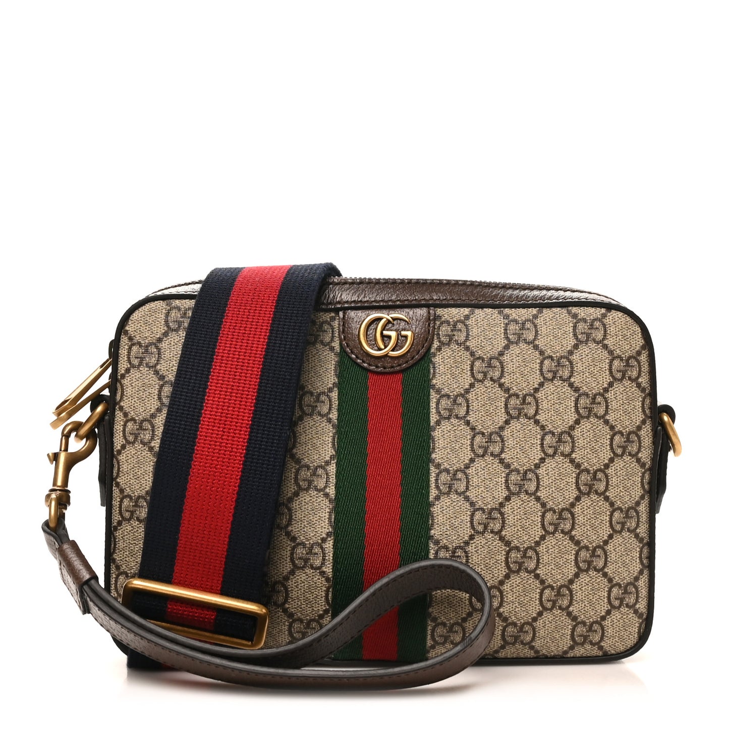 GG Supreme Monogram Textured Dollar Calfskin Web Ophidia Wristlet Shoulder Bag Beige Ebony New Acero