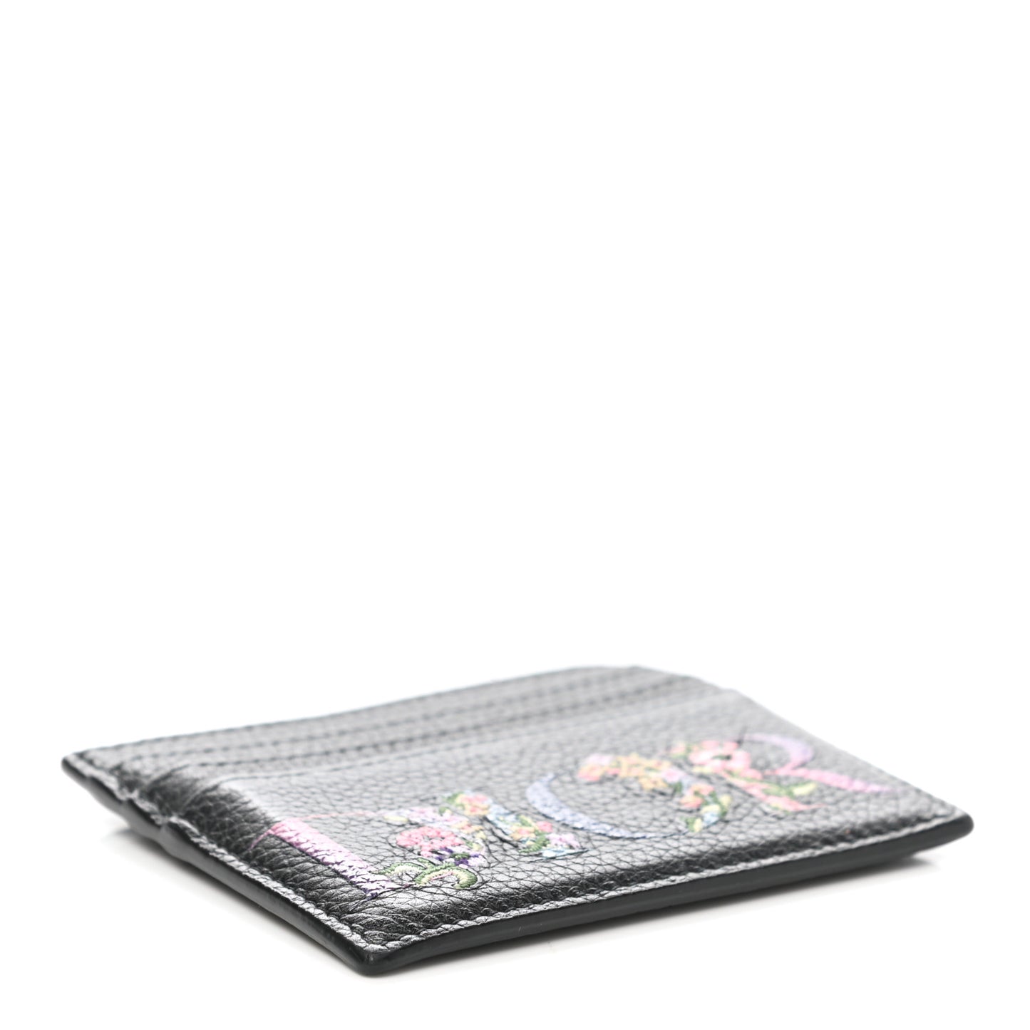 Grained Calfskin Embroidered Floral Lady Dior Card Holder Black