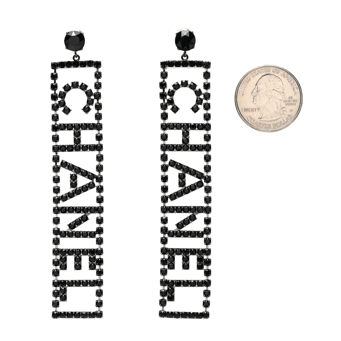 Ruthenium Crystal Chanel Logo Drop Earrings Black