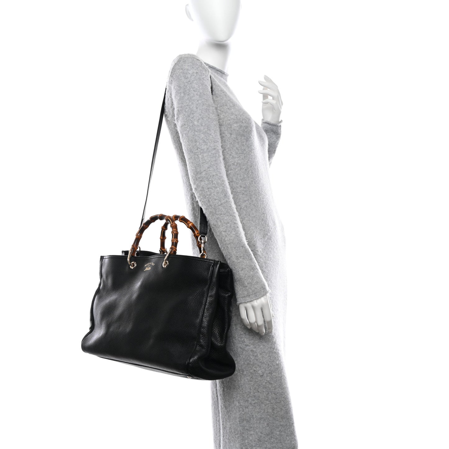 Pebbled Calfskin Large Bamboo Shopper Tote Black Black