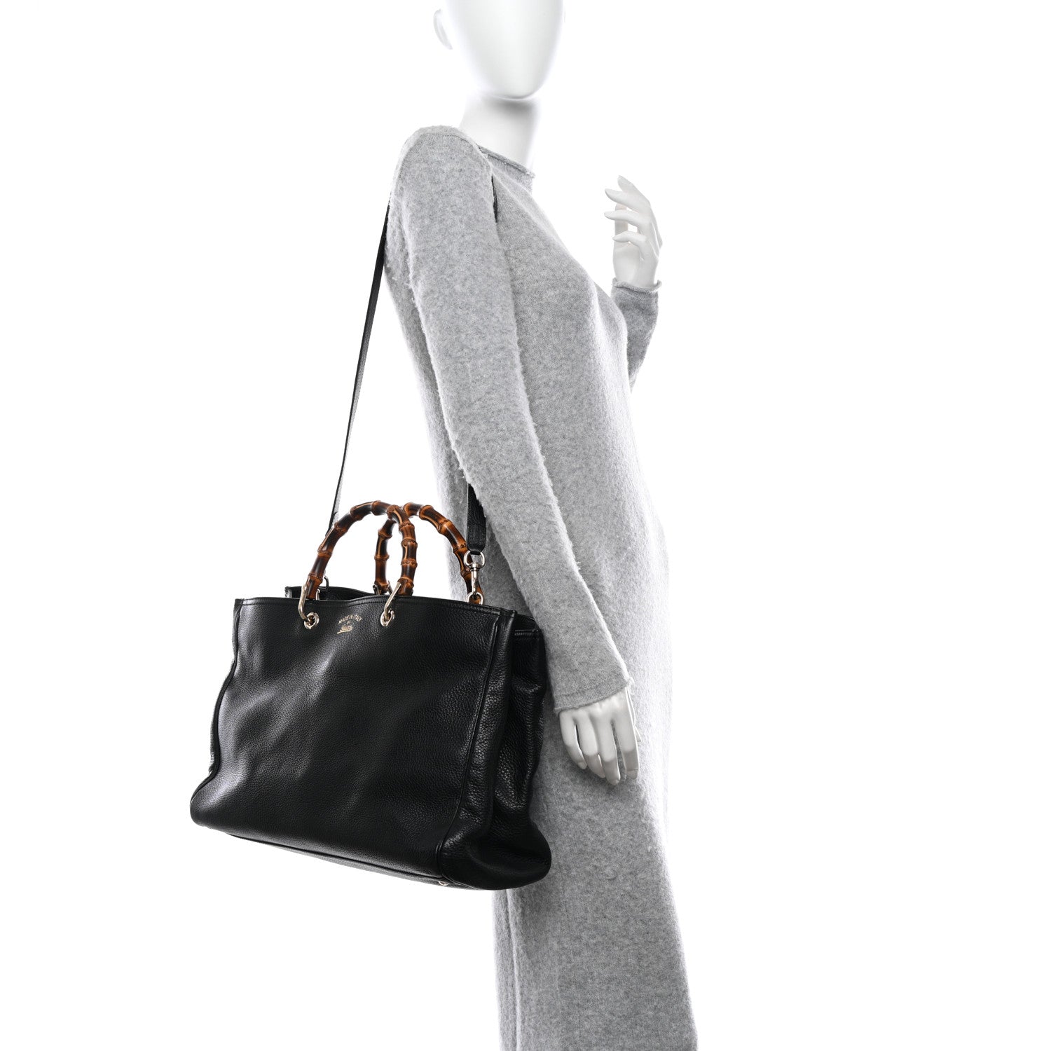 Gucci Pebbled Calfskin Large Bamboo Shopper Tote Black Black 2 of 11