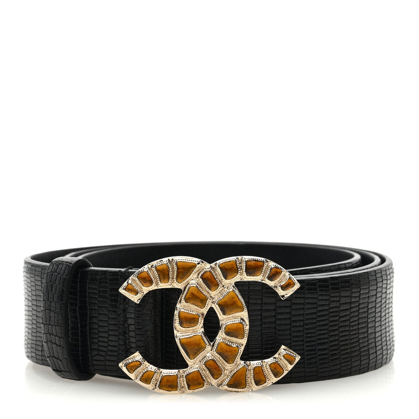 Lizard Embossed Calfskin Gripoix Poured Glass Along The Nile CC Belt 80 32 Black Gold Orange