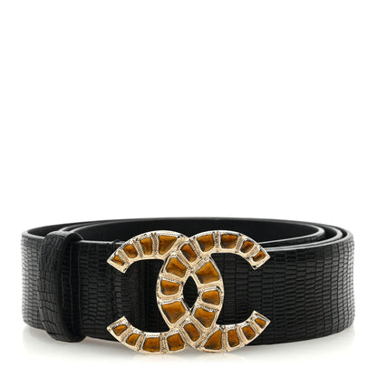 Chanel Lizard Embossed Calfskin Gripoix Poured Glass Along The Nile CC Belt 80 32 Black Gold Orange 1 of 4