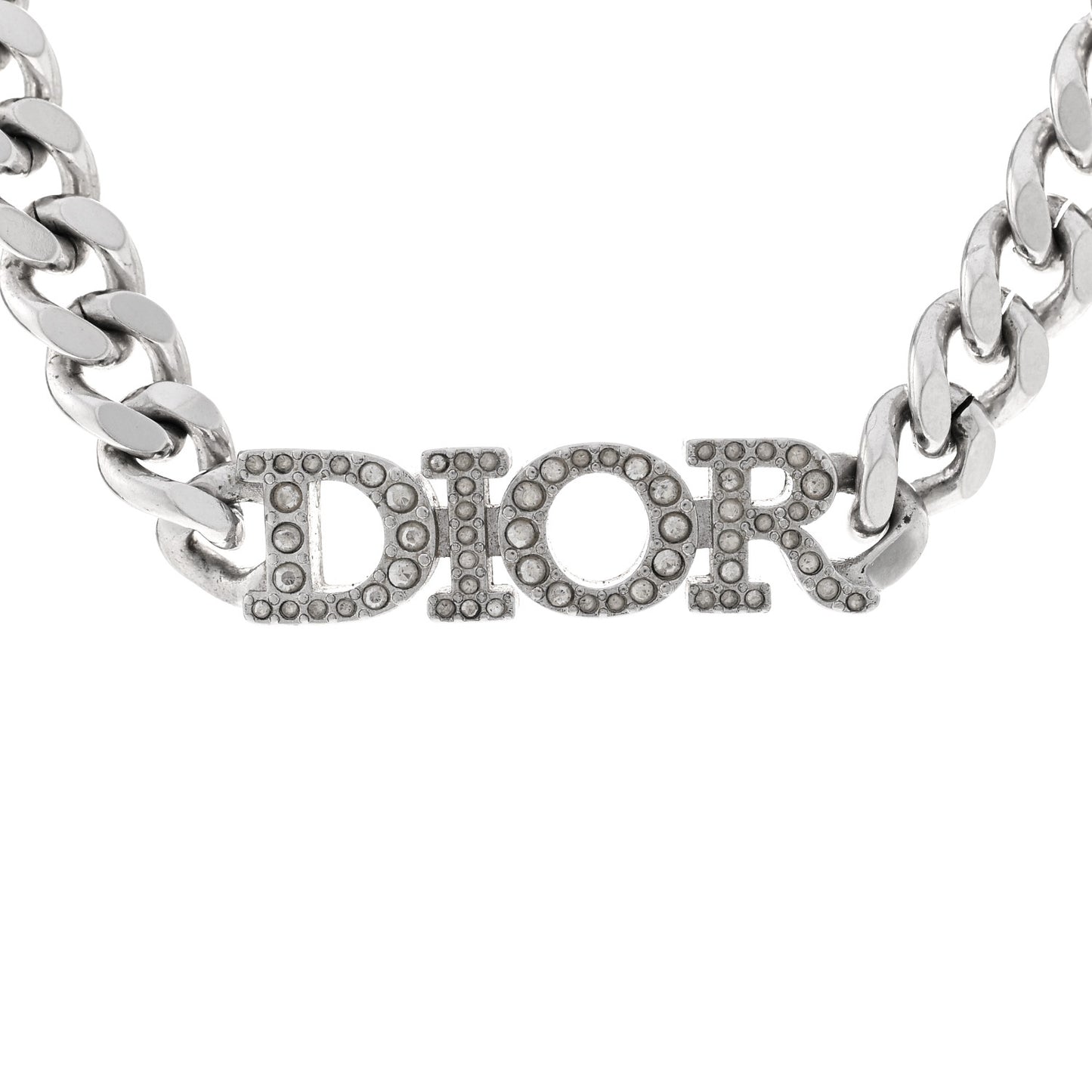 Metal Crystal Logo Chain Link Necklace Silver