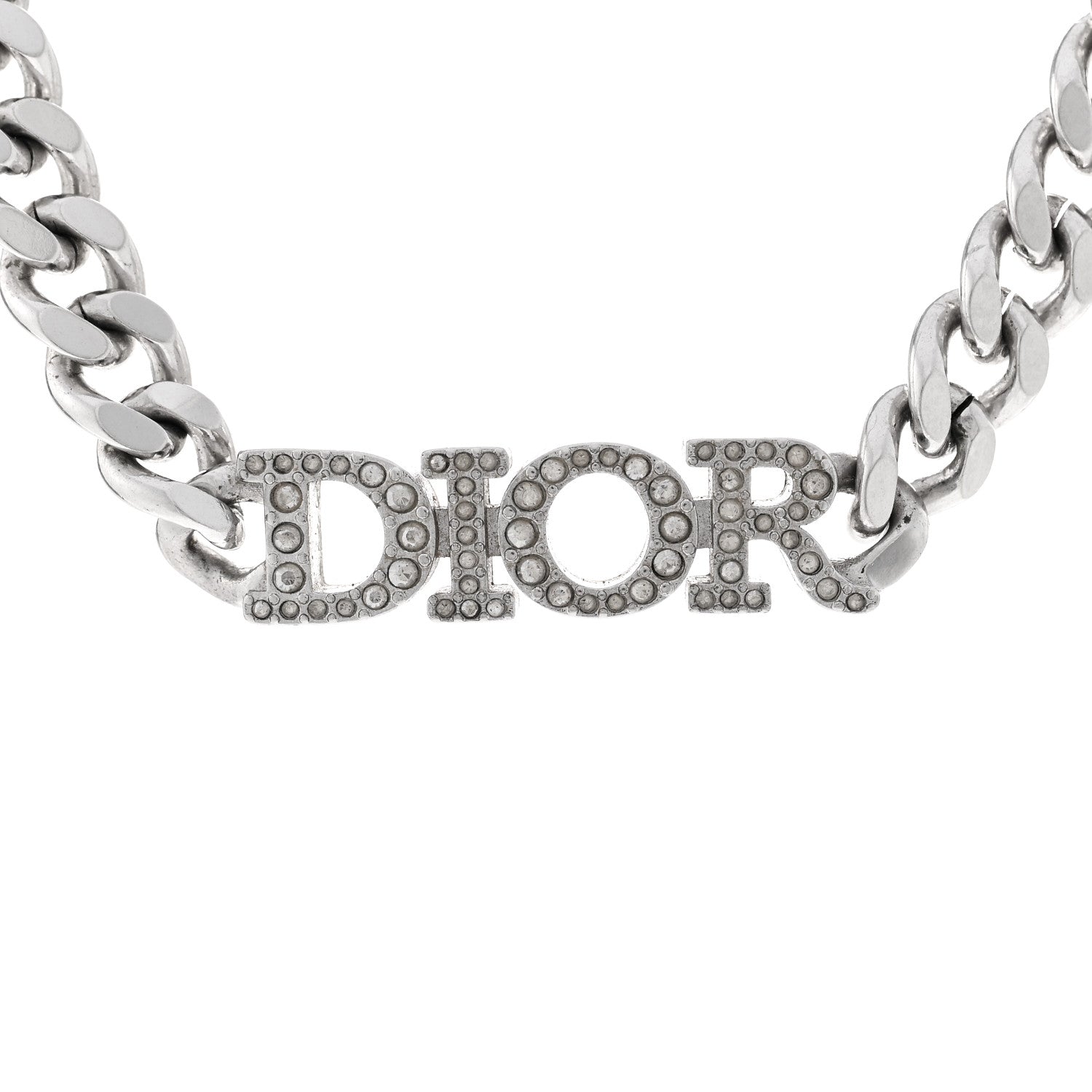Christian Dior Metal Crystal Logo Chain Link Necklace Silver 4 of 5