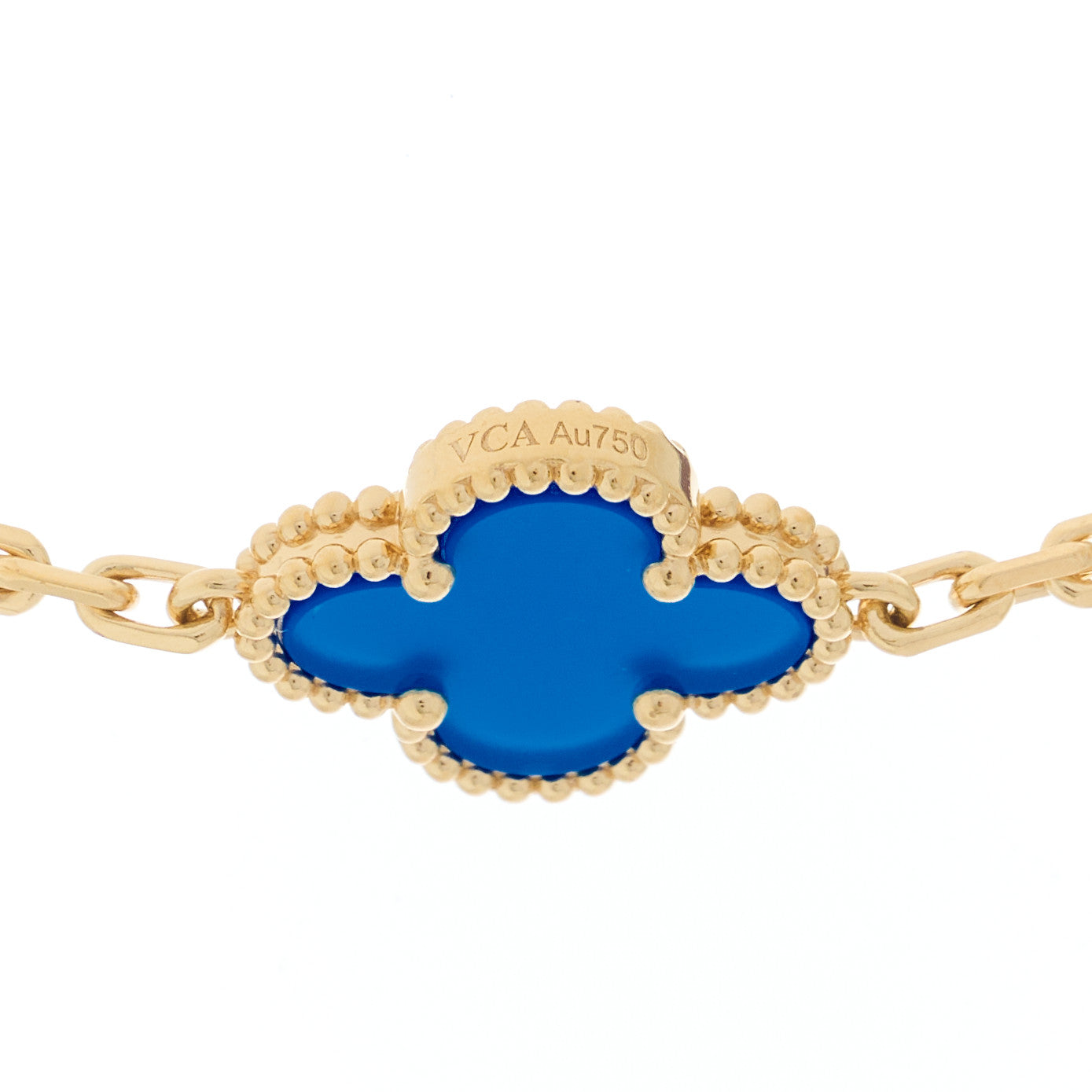 18K Yellow Gold Blue Agate 10 Motifs Vintage Alhambra Necklace