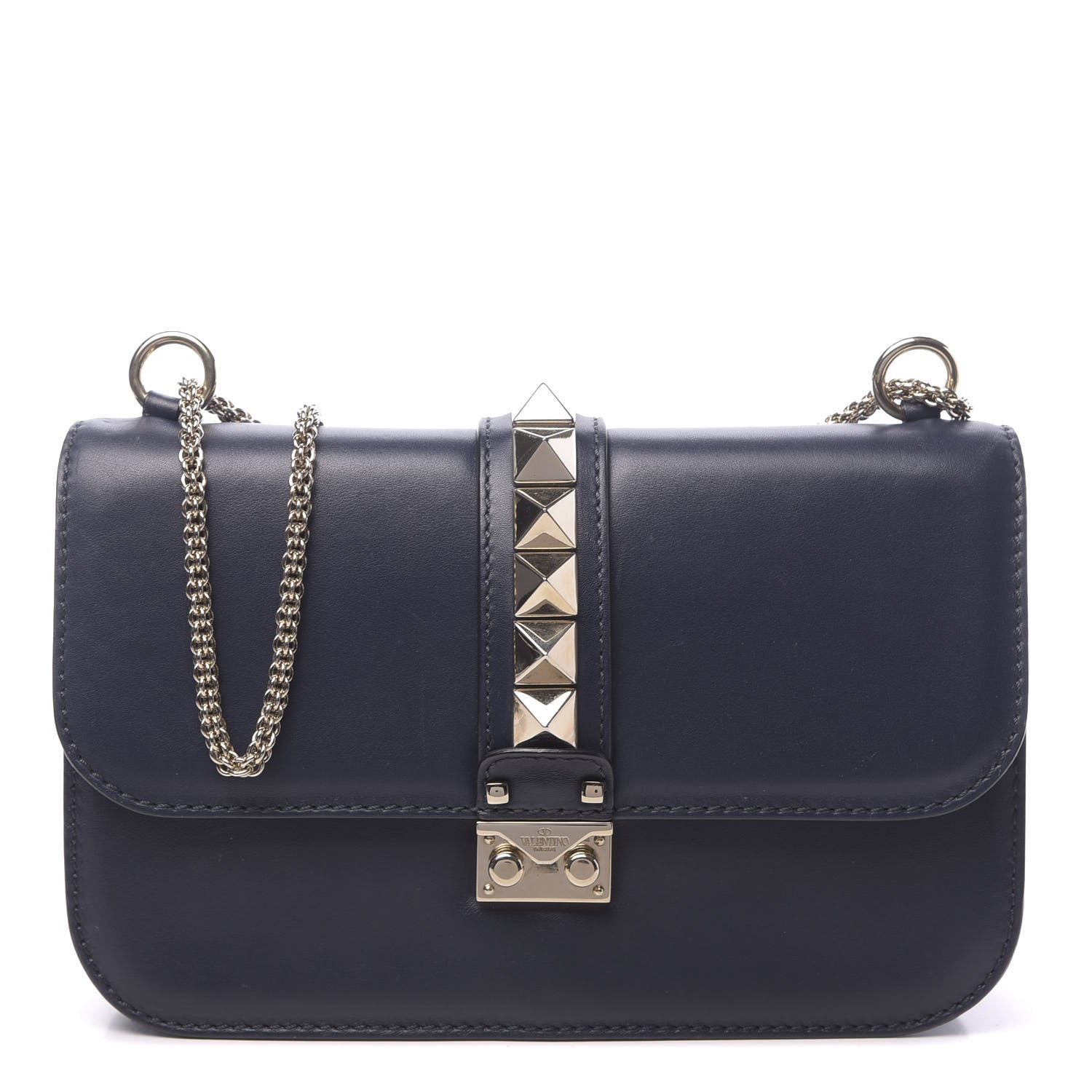 Valentino Garavani Vitello Medium Glam Lock Rockstud Flap Marine 1 of 12