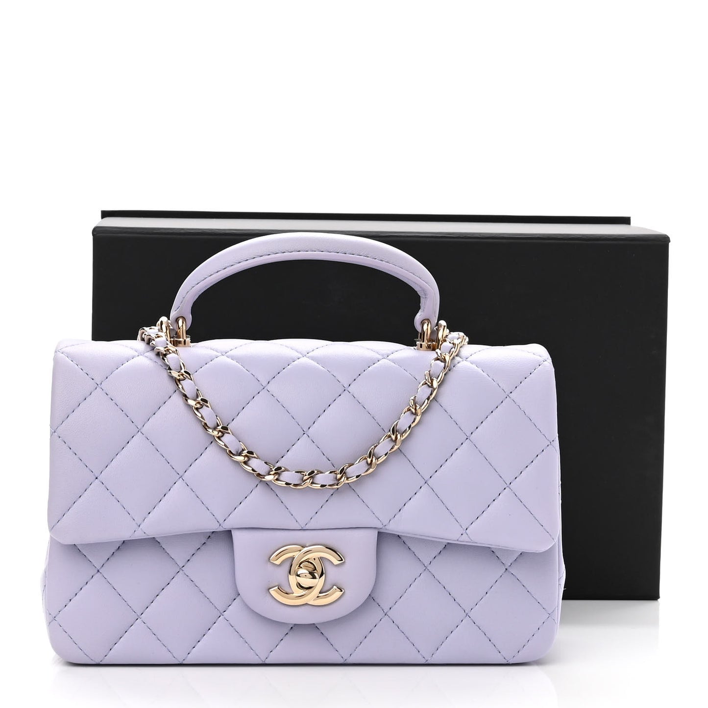 Lambskin Quilted Mini Top Handle Rectangular Flap Light Purple