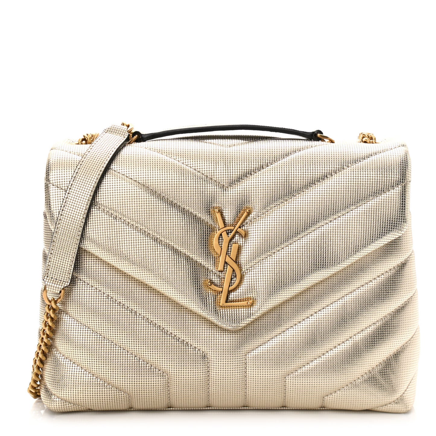 Metallic Calfskin Y Quilted Small Loulou Monogram Chain Satchel Platino