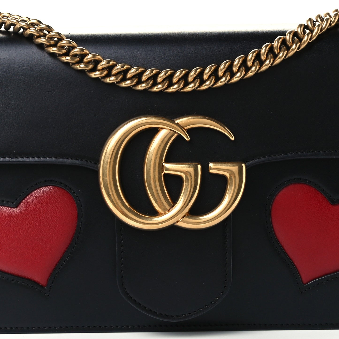 Knight Calfskin Malaga Kid Heart Medium GG Marmont Chain Handle Bag Black Hibiscus Red Multicolor