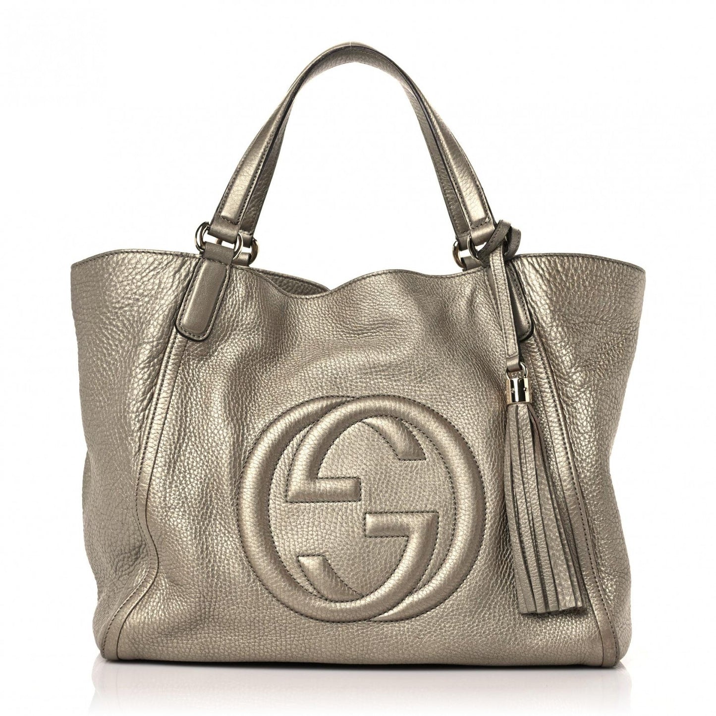 Metallic Pebbled Calfskin Medium Soho Shoulder Bag Golden Beige