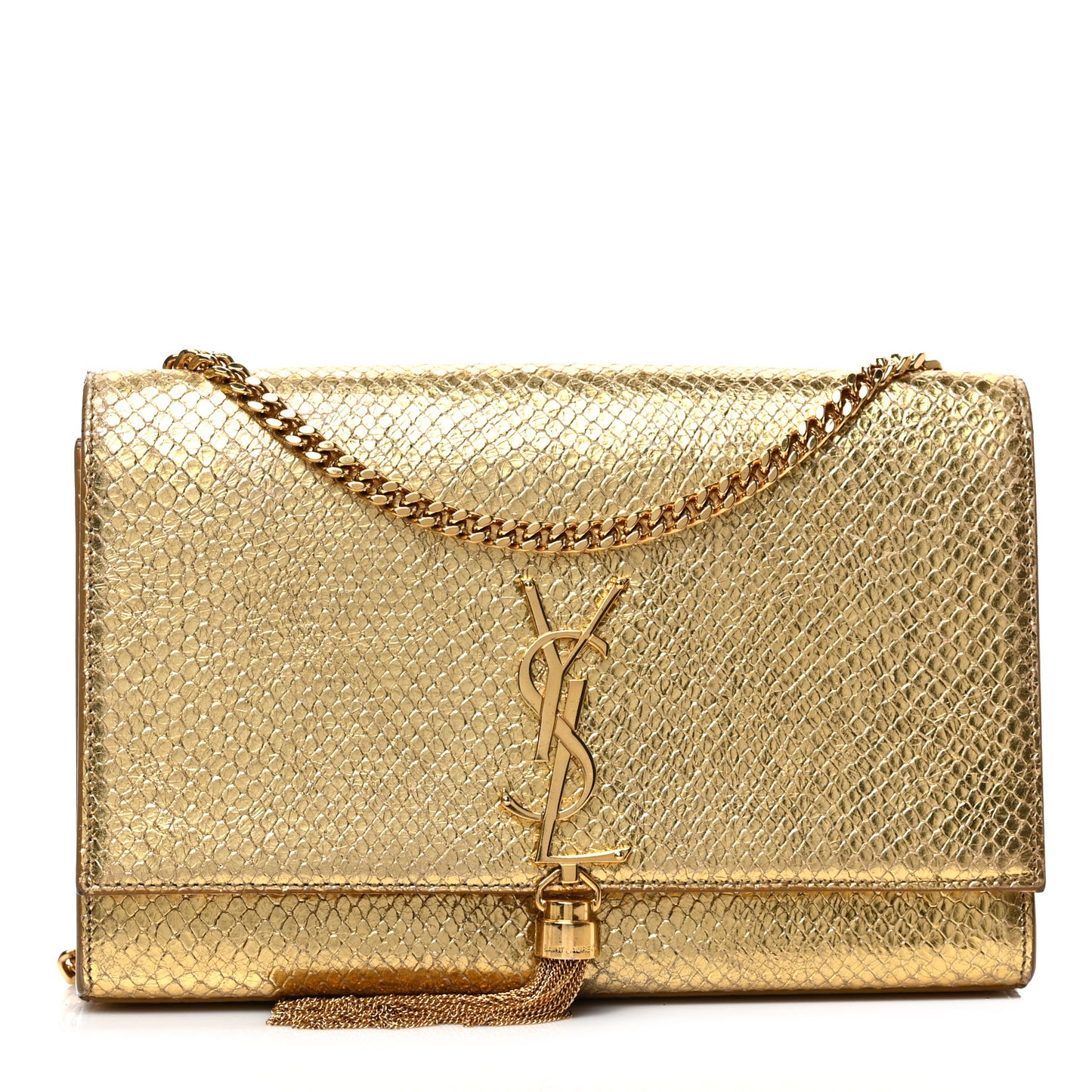 Metallic Calfskin Python Embossed Medium Classic Monogram Kate Tassel Satchel Gold