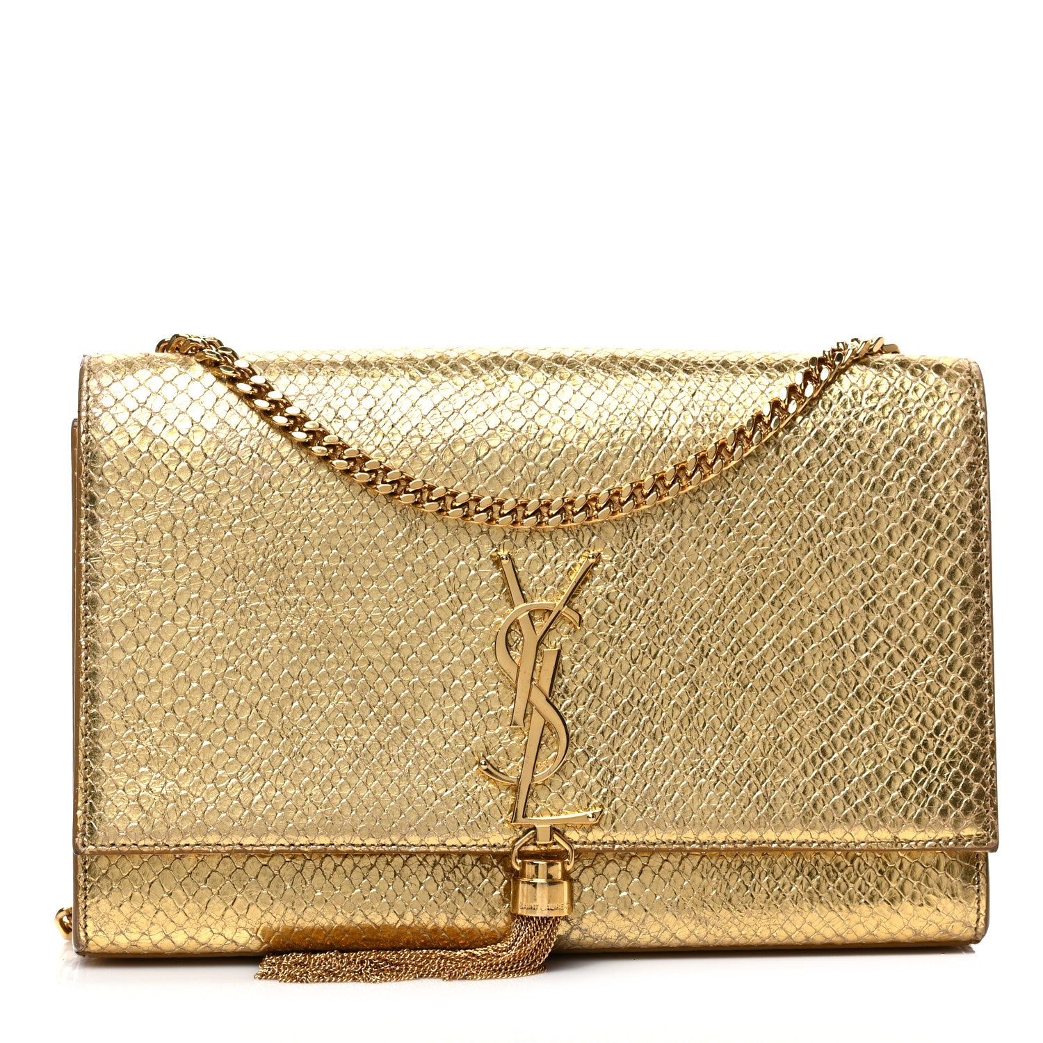 Saint Laurent Metallic Calfskin Python Embossed Medium Classic Monogram Kate Tassel Satchel Gold 1 of 6
