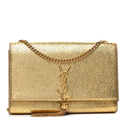 Saint Laurent Metallic Calfskin Python Embossed Medium Classic Monogram Kate Tassel Satchel Gold 1 of 6