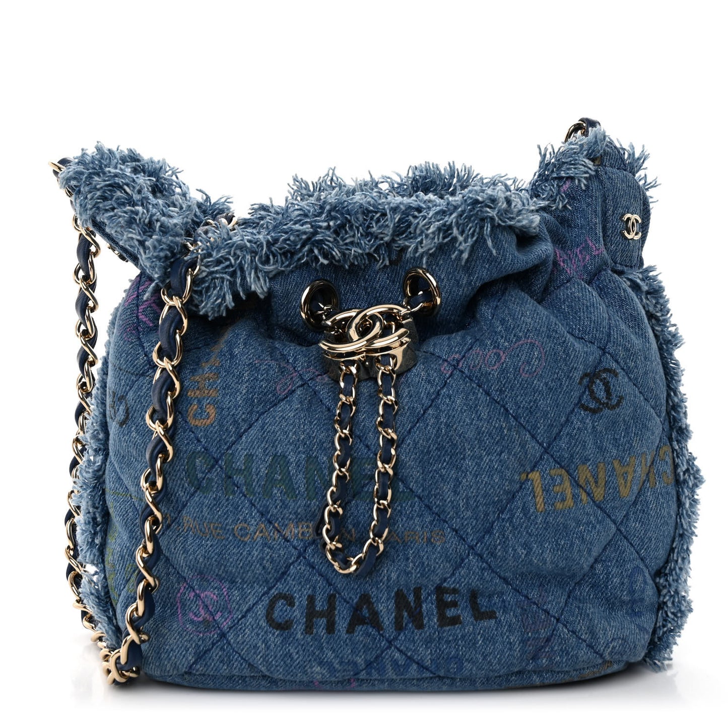 Denim Quilted Small Mood Bucket With Chain Blue Multicolor