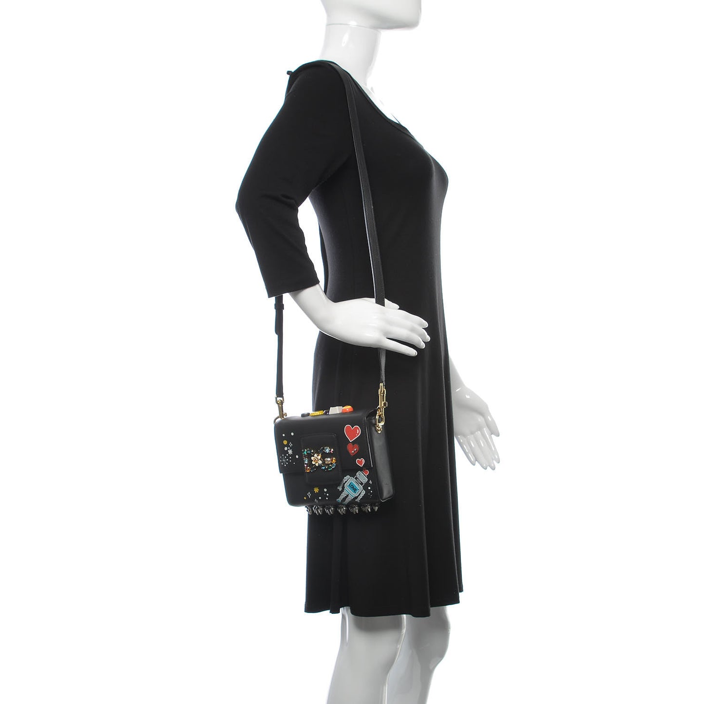 Crystal Embellished Calfkskin Mini Milennials Robot Satchel Black