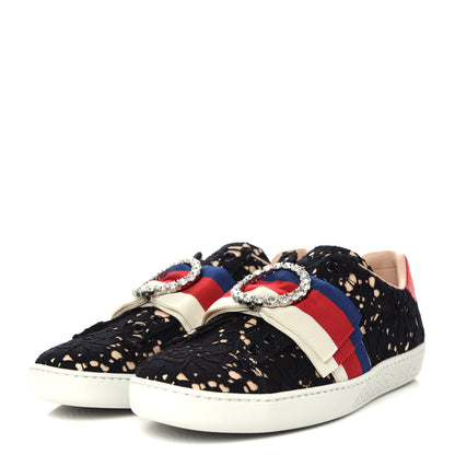 Gucci Lace Crystal Sylvie Web Flower Leaf Womens Ace Sneakers 36 Black Tan Beige 3 of 12