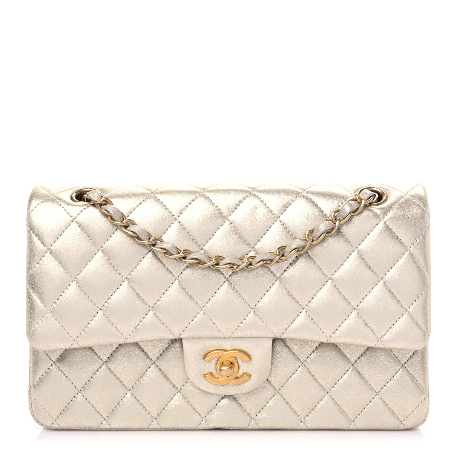 Metallic Lambskin Quilted Medium Double Flap Gold