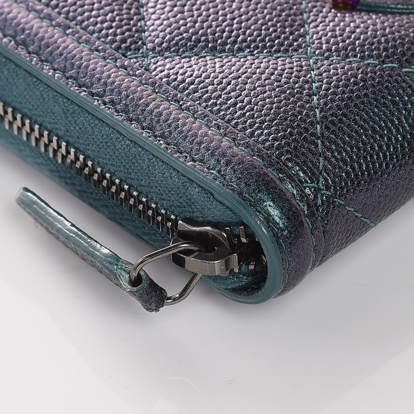 Iridescent Caviar Quilted Medium Filigree Zip Around Wallet Dark Turquoise