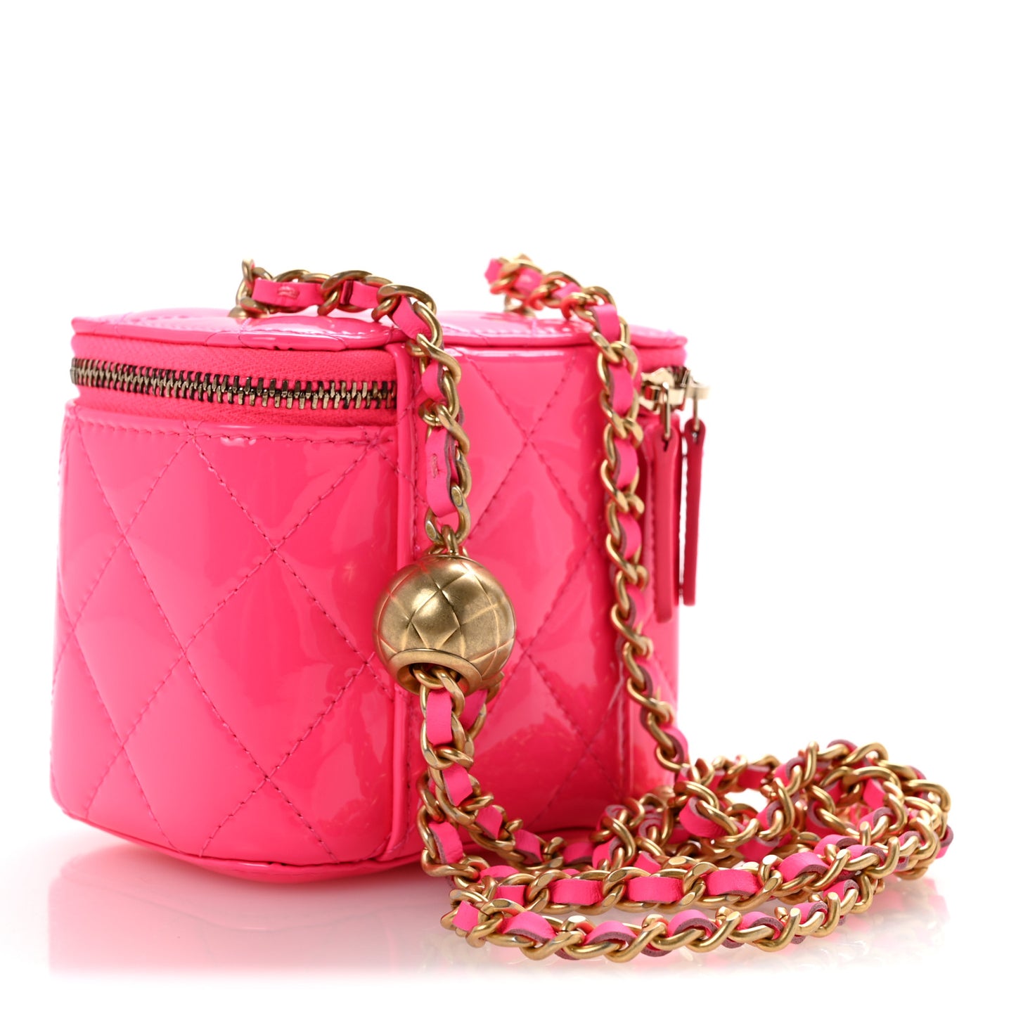 Patent Quilted Pearl Crush Mini Vanity Case With Chain Neon Pink