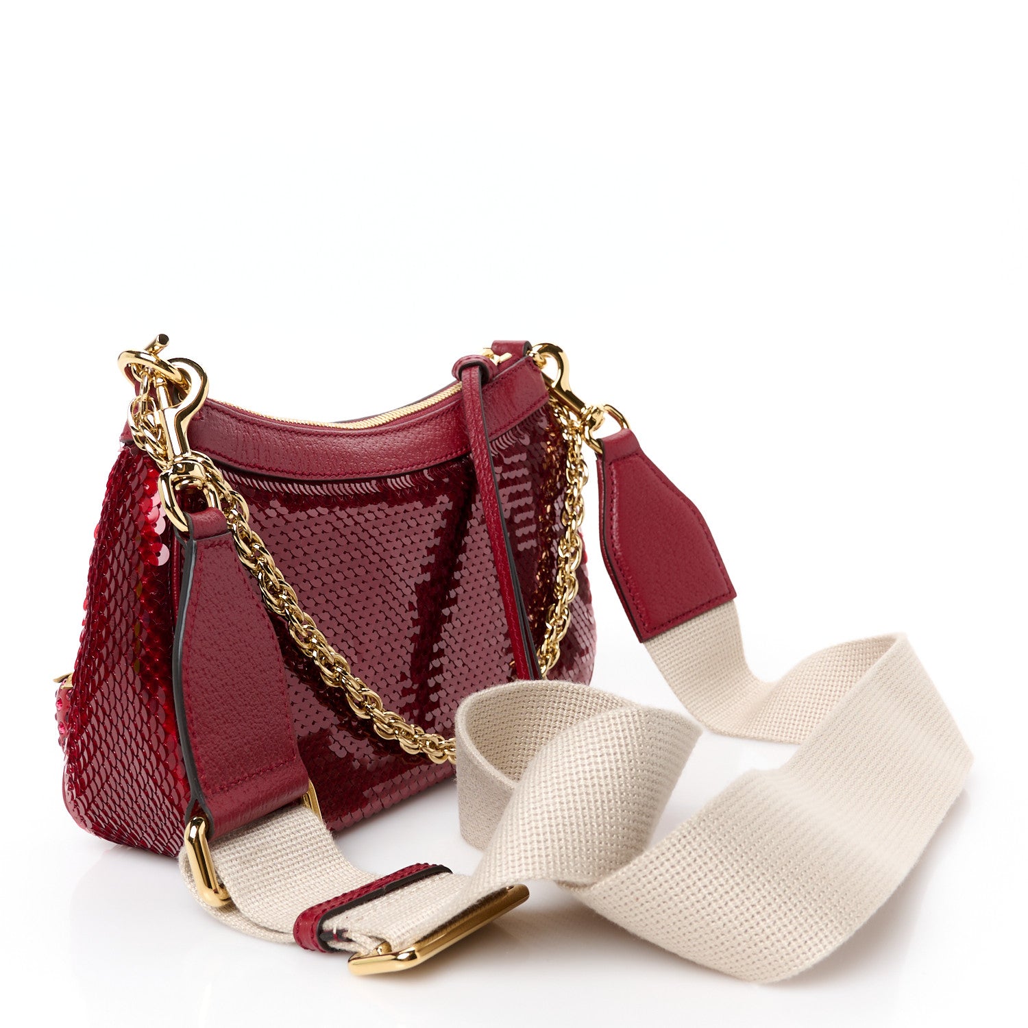 Gucci Sequin Textured Dollar Calfskin Strawberry Small Ophidia GG Handbag Red 3 of 10
