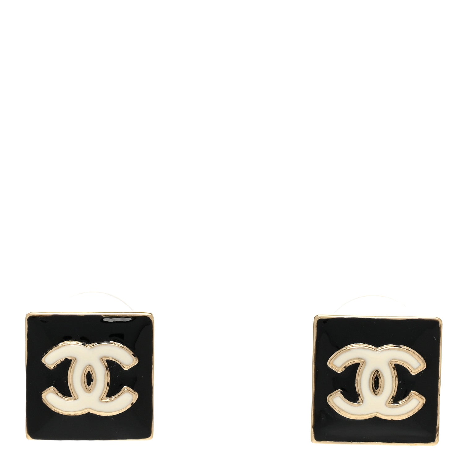 Chanel Metal Enamel CC Square Earrings Gold Black White 1 of 5