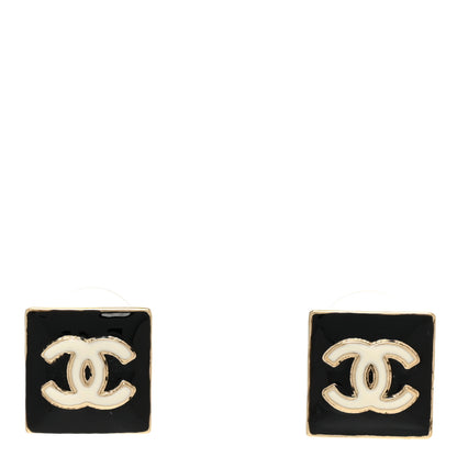 Chanel Metal Enamel CC Square Earrings Gold Black White 1 of 5
