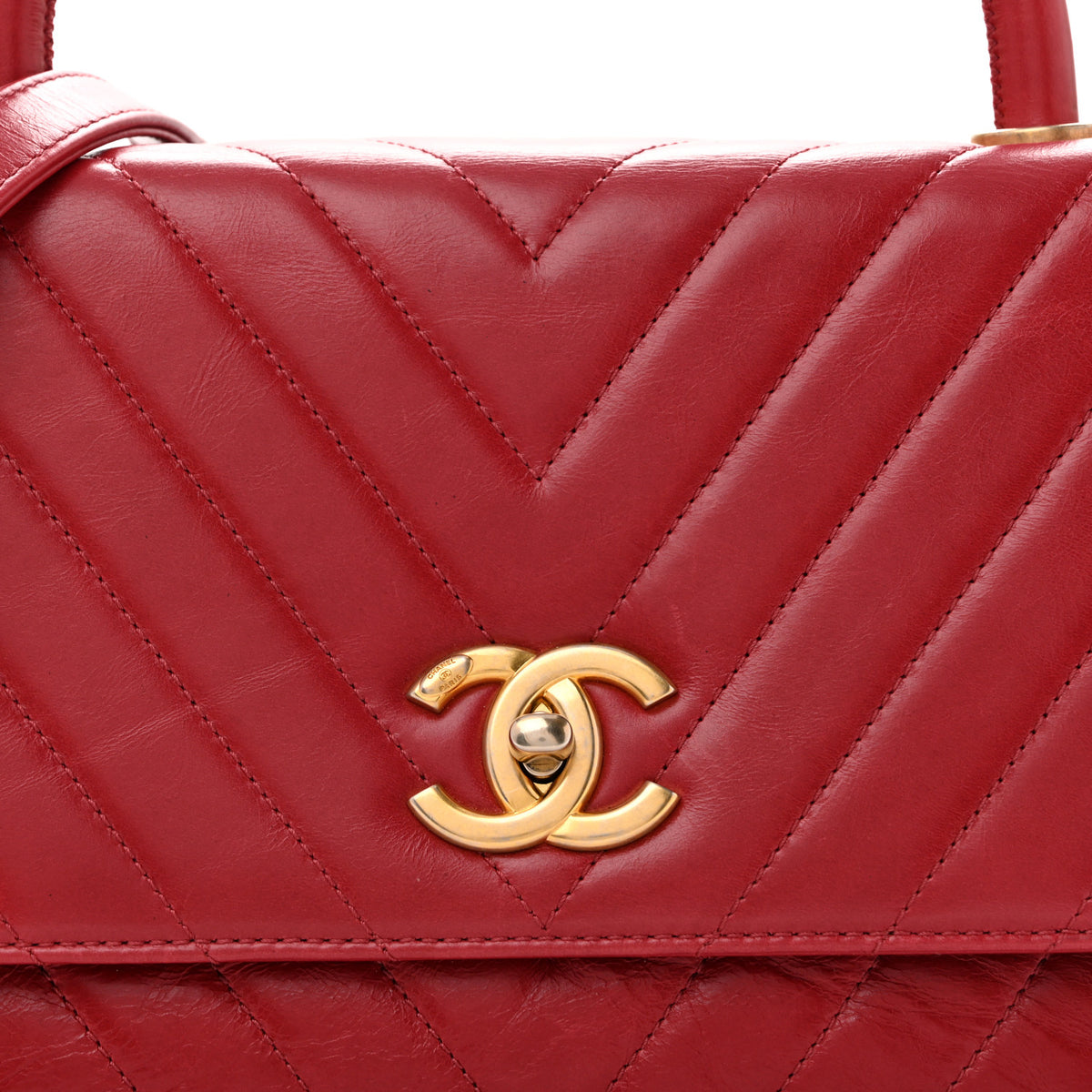Aged Calfskin Chevron Quilted Small Coco Handle Flap Red