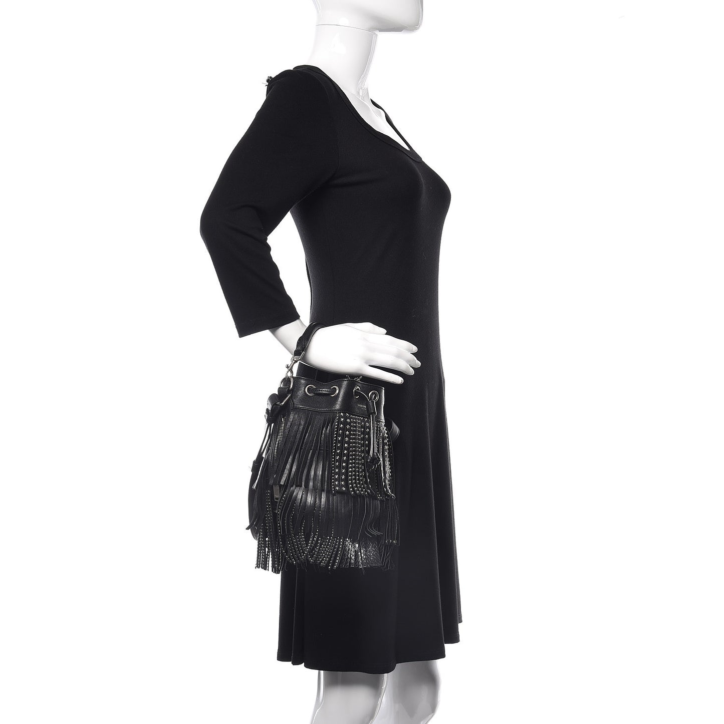 Calfskin Studded Small Emmanuelle Fringe Bucket Bag Black
