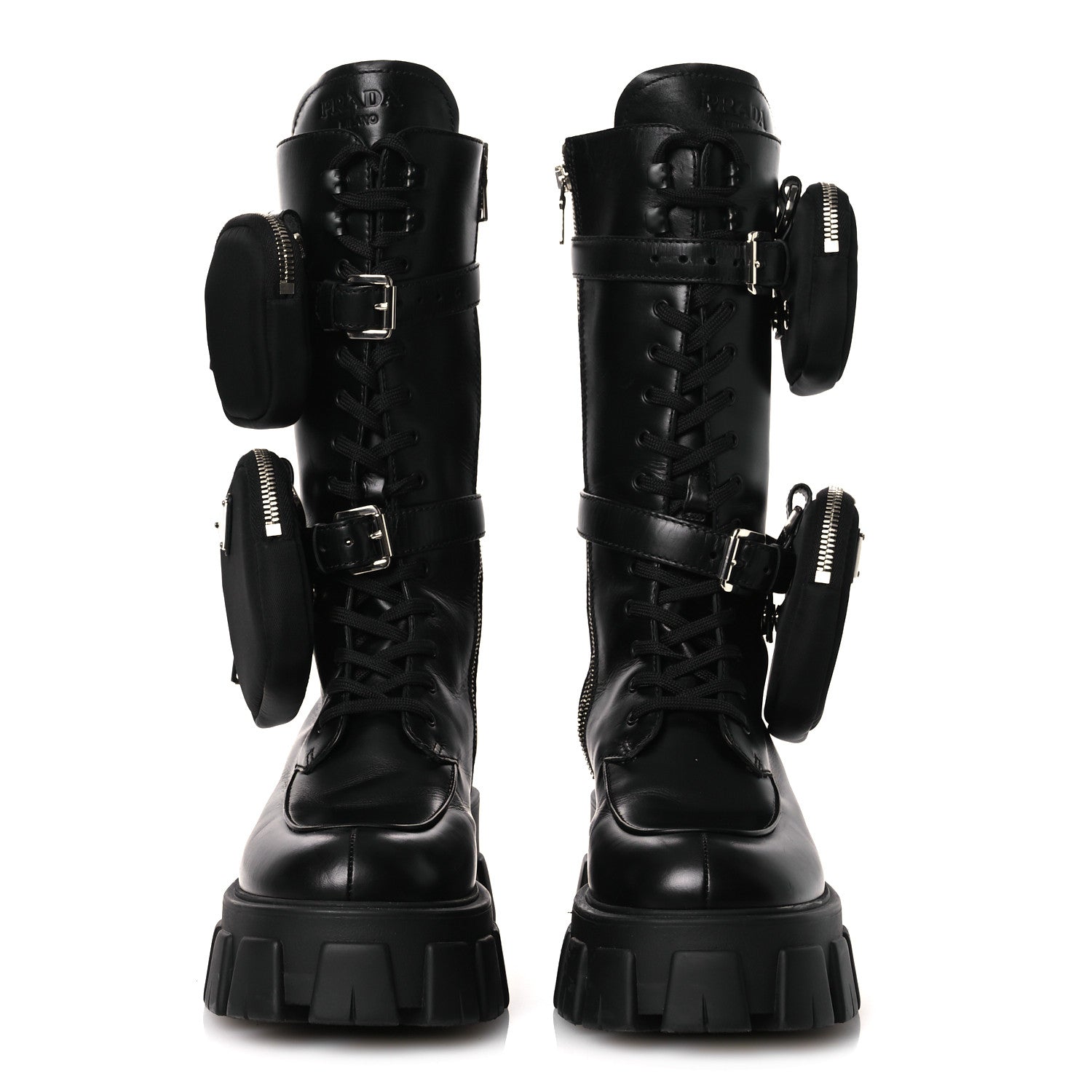 Prada Vitello Lux Nylon Metal Triangle Logo Monolith Pouch Pocket 55mm Tall Combat Boots 38.5 Black 3 of 12