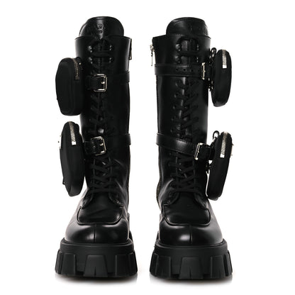 Prada Vitello Lux Nylon Metal Triangle Logo Monolith Pouch Pocket 55mm Tall Combat Boots 38.5 Black 3 of 12