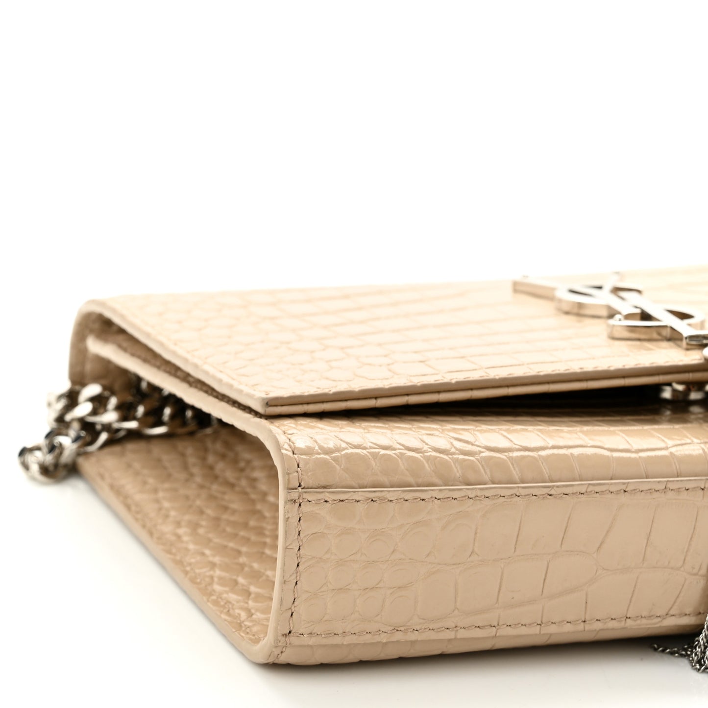 Calfskin Crocodile Embossed Small Classic Monogram Kate Tassel Satchel Nude Powder