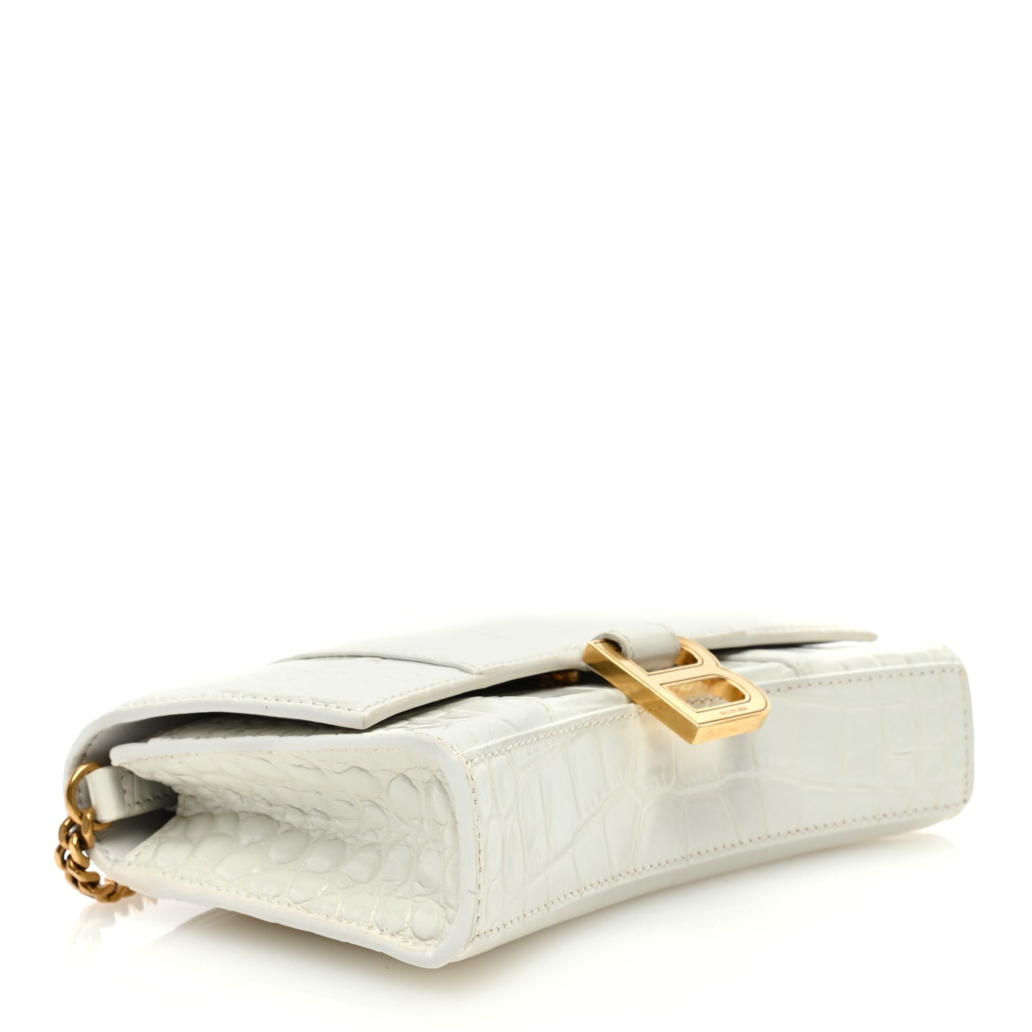 Shiny Calfskin Crocodile Embossed Hourglass Chain Bag White