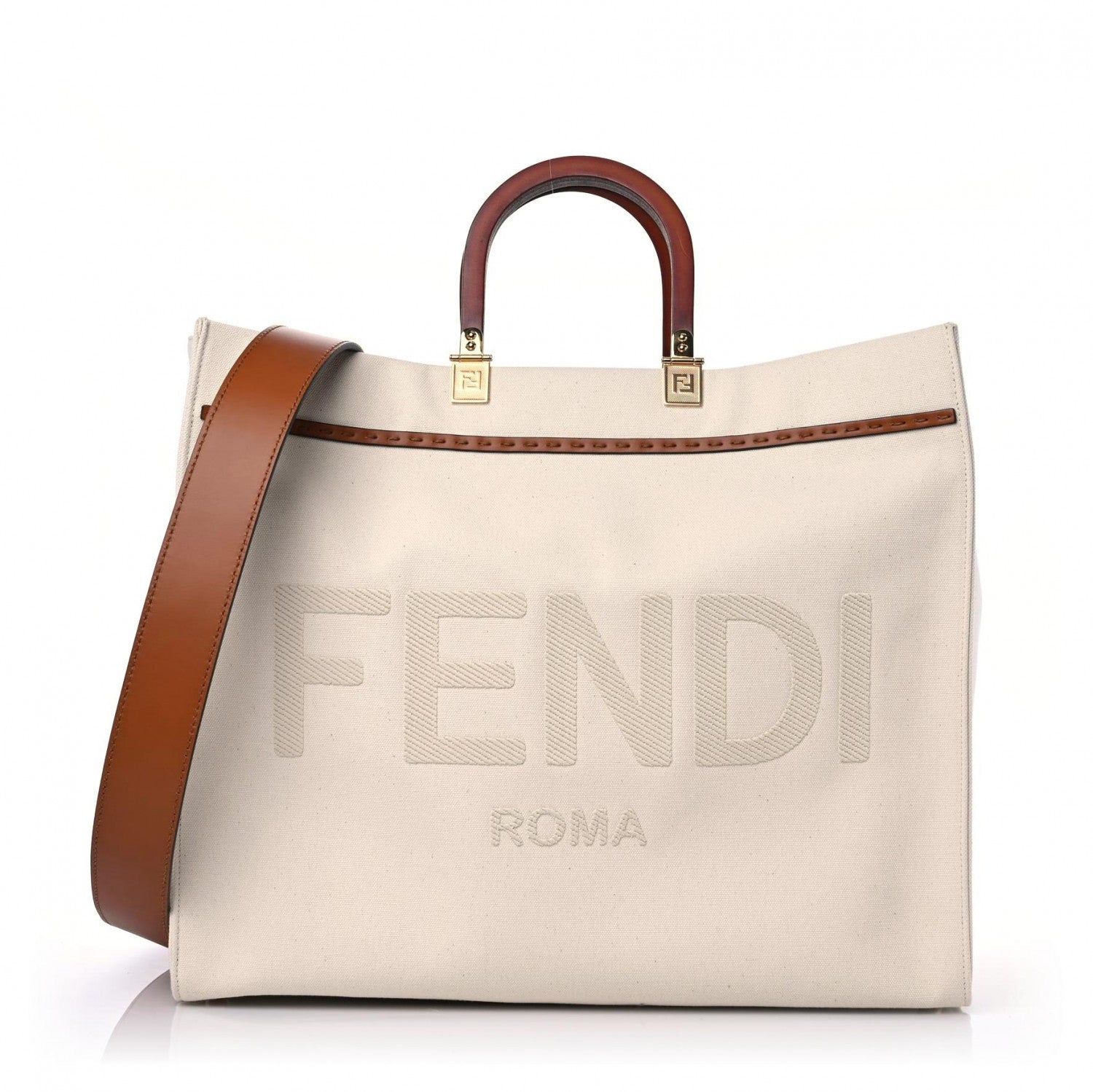 Fendi Cotton Canvas Calfskin Large Fendi Sunshine Shopper Tote White 1 of 11