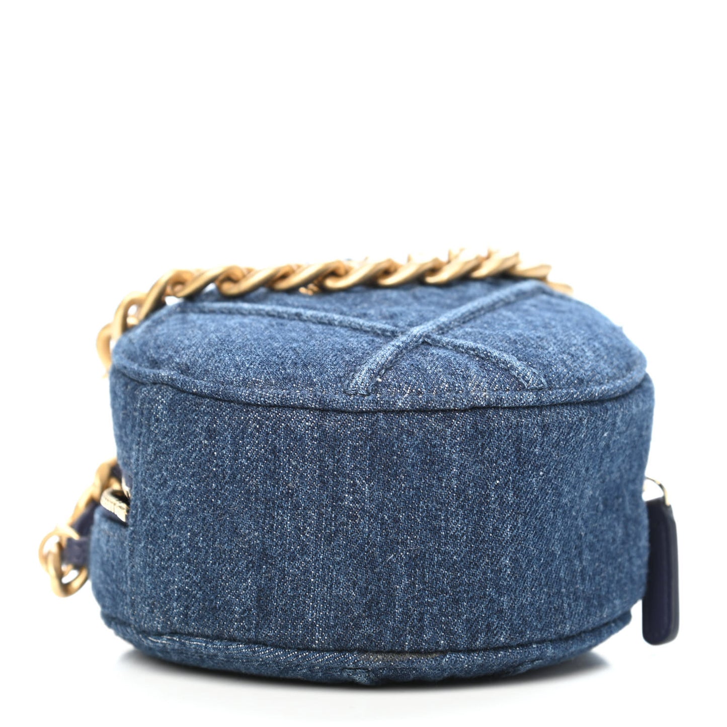 Denim Quilted Chanel 19 Round Clutch With Chain Blue