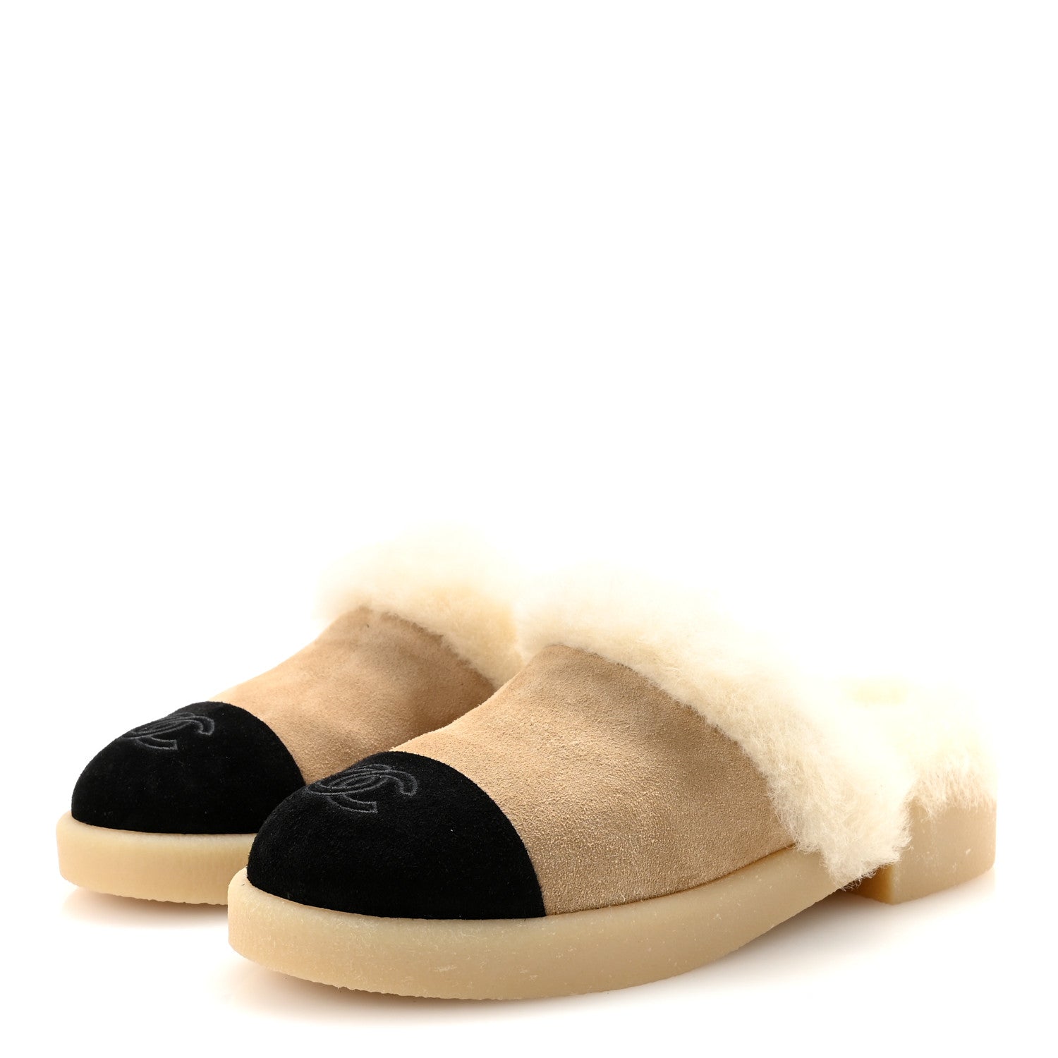 Chanel Suede Shearling CC Cap Toe Mules 36 Beige Black 1801083