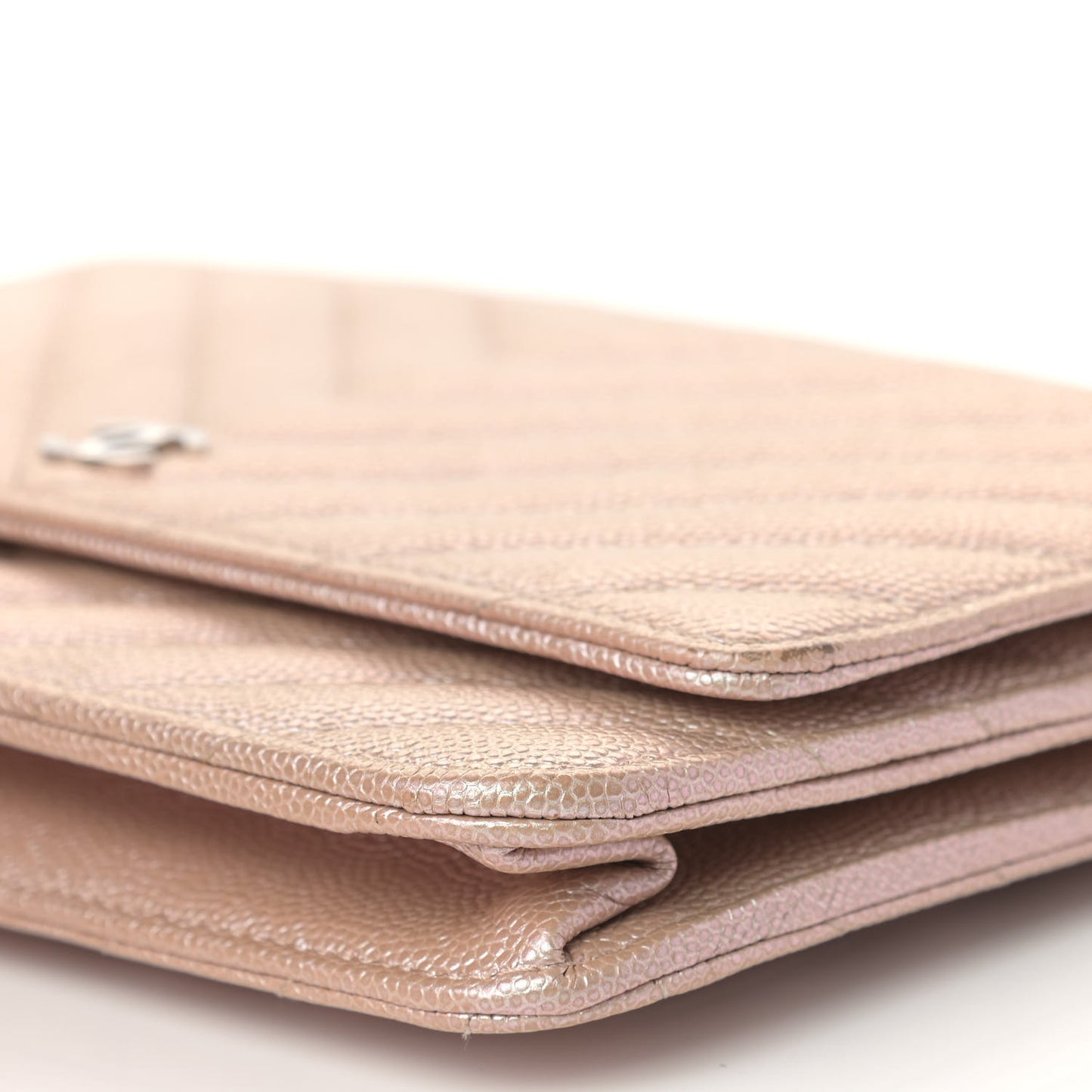 Metallic Caviar Chevron Quilted Wallet On Chain WOC Light Gold
