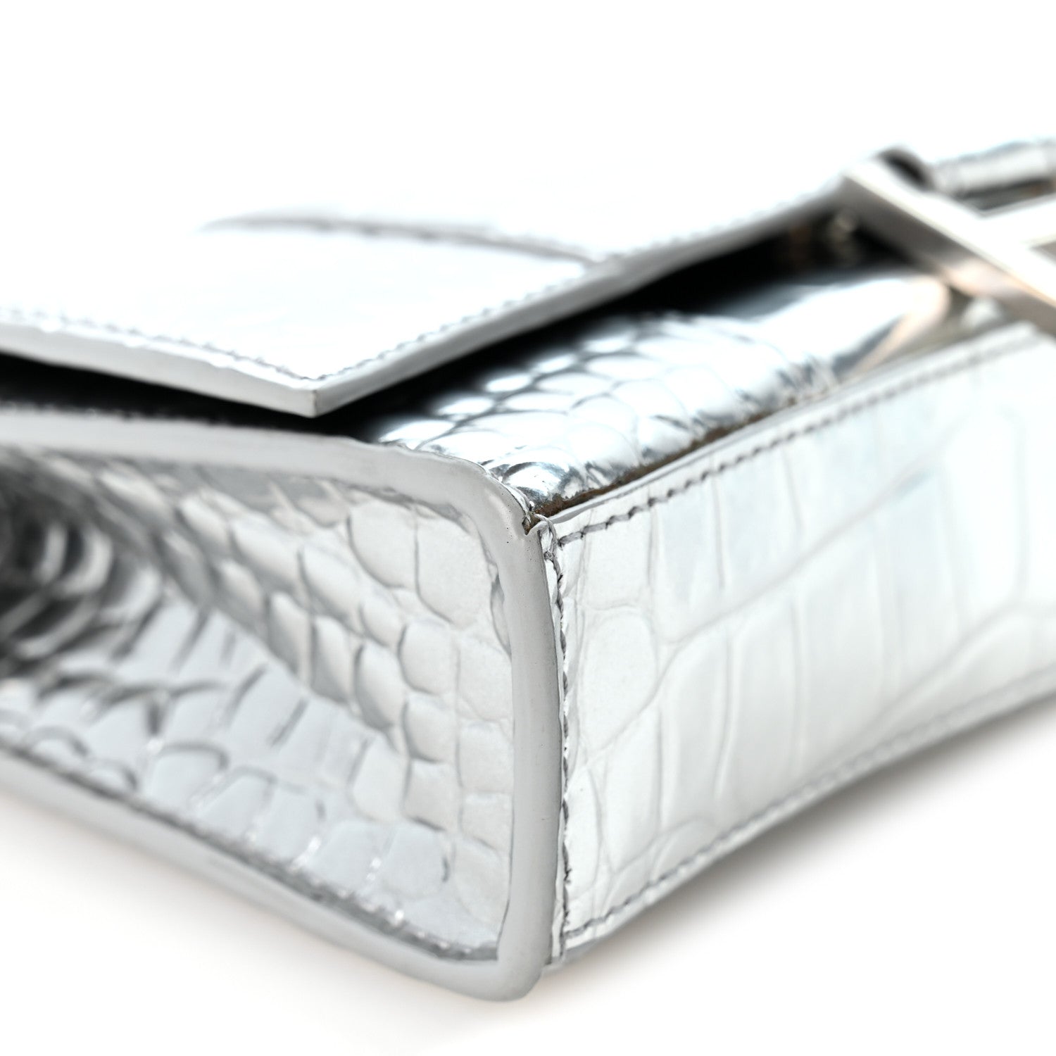 Balenciaga Metallic Calfskin Crocodile Embossed Hourglass Chain Bag Silver 9 of 10