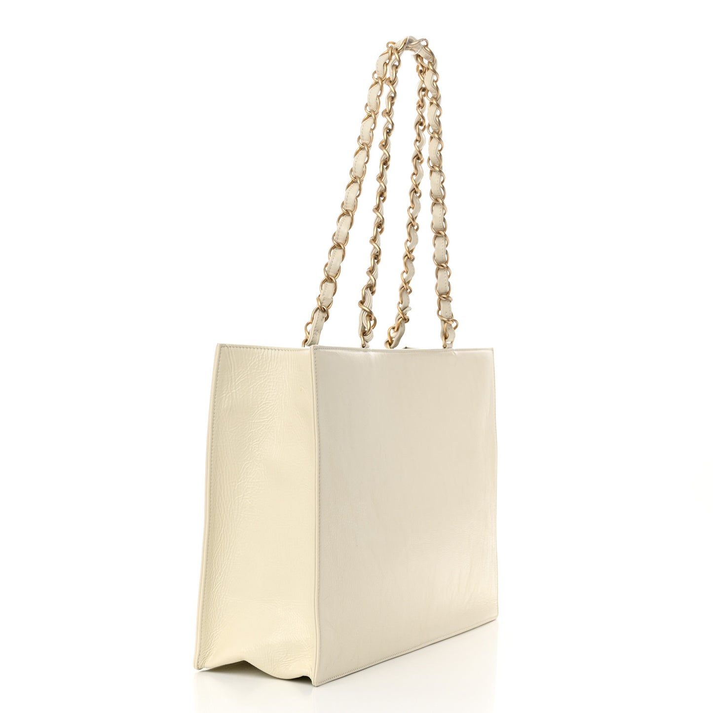Shiny Aged Calfskin Shopping Bag White