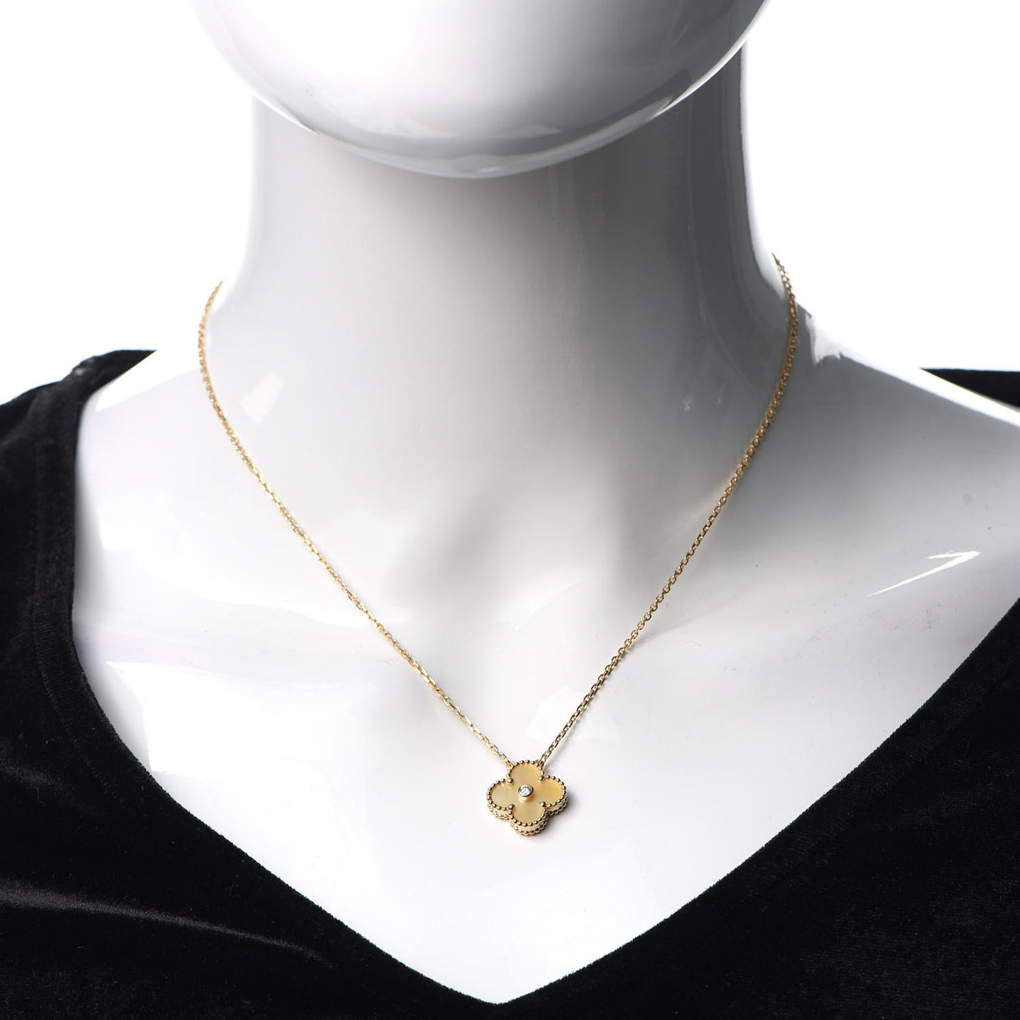 18K Yellow Gold Diamond Yellow Mother of Pearl Vintage Alhambra Pendant Necklace