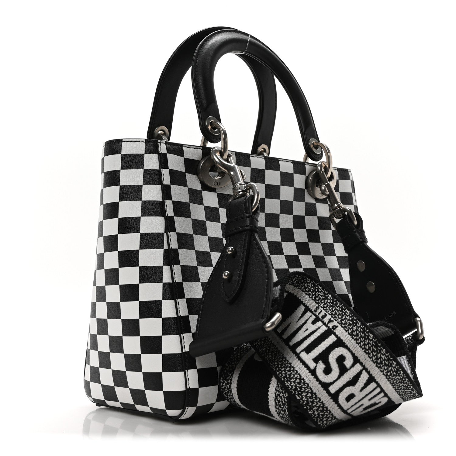 Christian Dior Calfskin Checkered Medium Lady Dior Black White 3 of 10