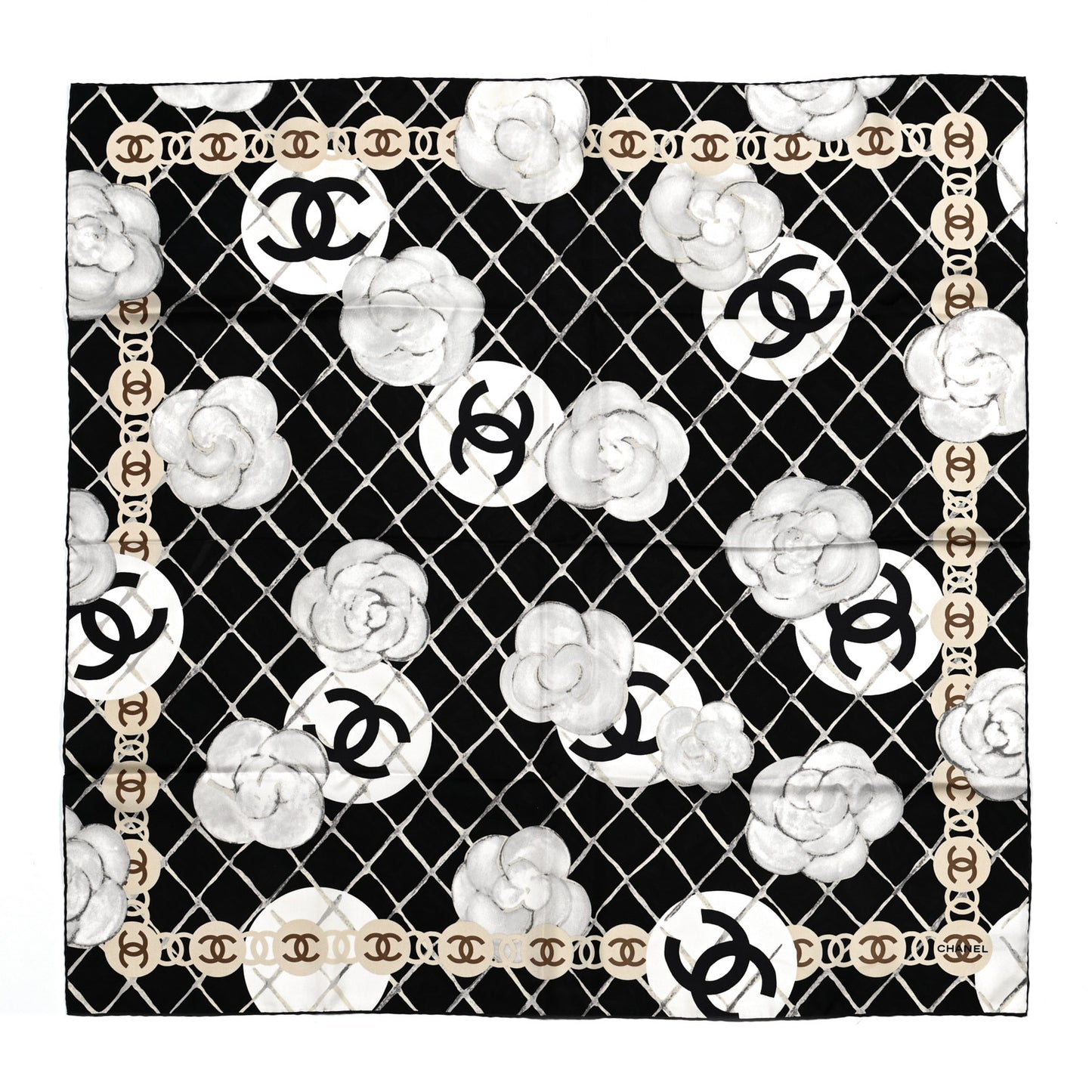 Silk Camellia CC Square Scarf Black