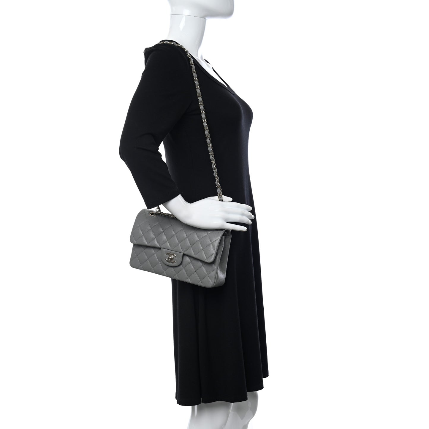 Caviar Quilted Small Double Flap Grey