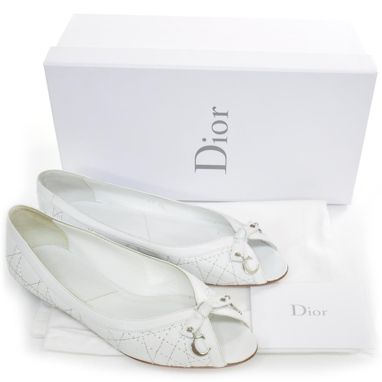 Leather Cannage Peep Toe Ballerina Flats 35.5 White