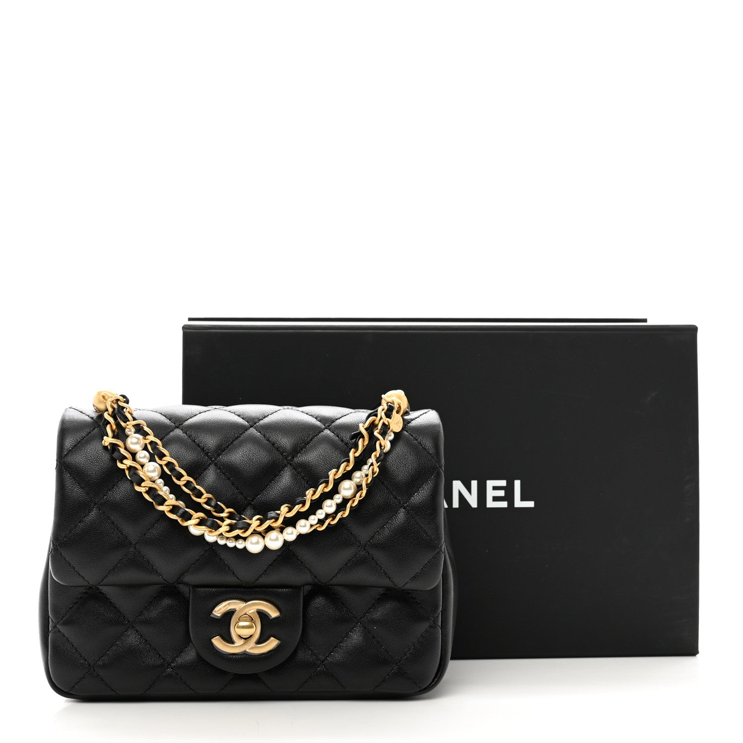 Chanel Shiny Lambskin Quilted Pearl Twist Mini Square Flap Black 10 of 10