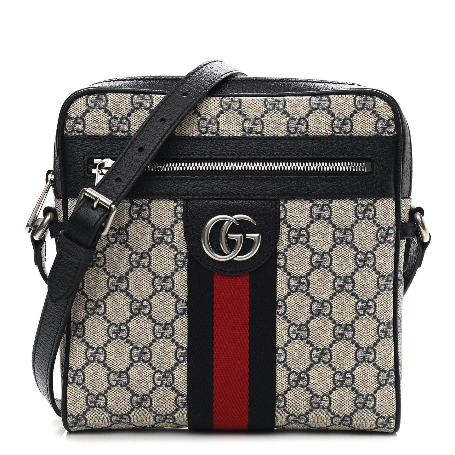GG Supreme Monogram Textured Dollar Calfskin Web Small Ophidia Messenger Bag Beige Blue