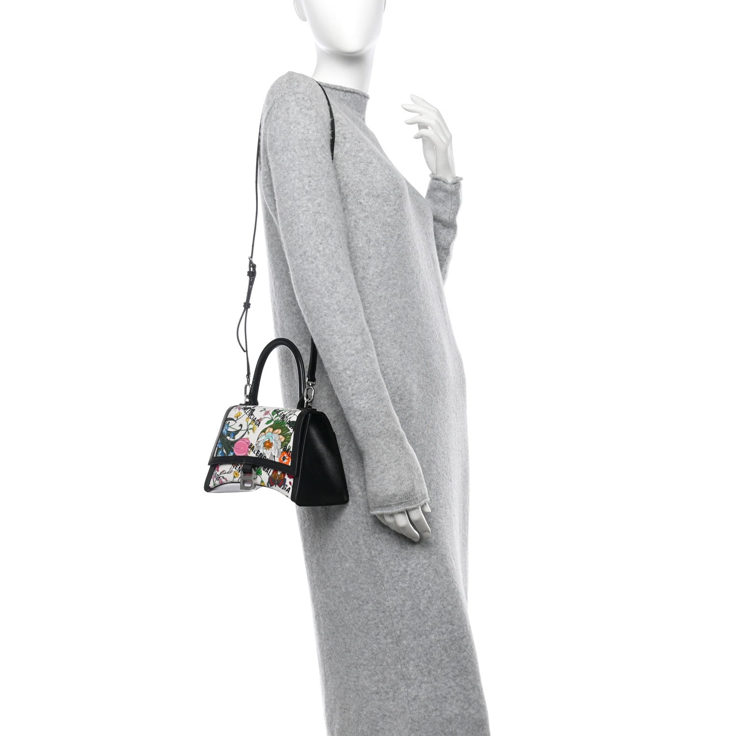 Balenciaga X GUCCI Canvas Boarded Plutone Calfskin Flora Logo Print Small Hourglass Top Handle Bag White Multicolor Black 2 of 11